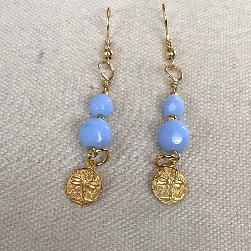 NWOT Hand Crafted Dragonfly Gold and Blue Beaded Dangle Earrings
